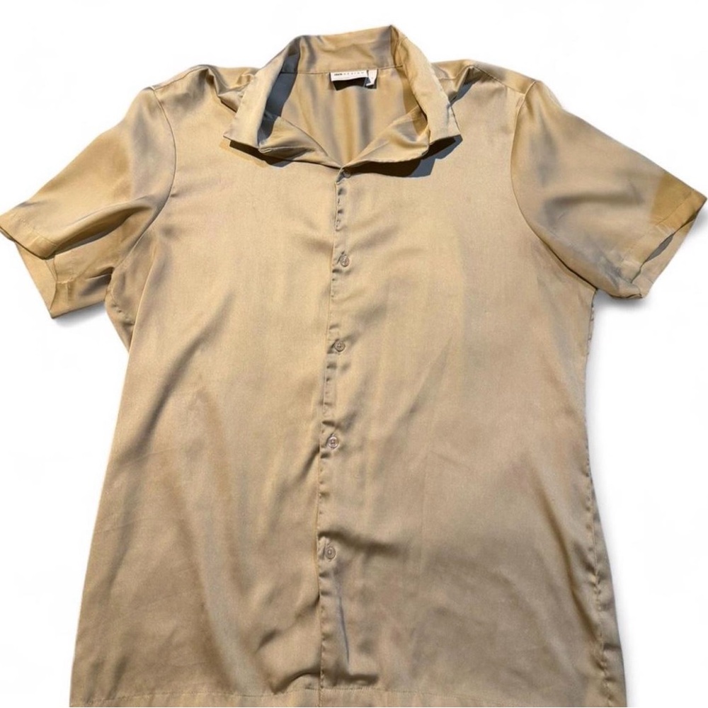 Men's Beige Champagne Satin Short Sleeve Shirt